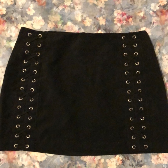 Black Vegan Suede Lace Up Mini Skirt - Picture 1 of 4